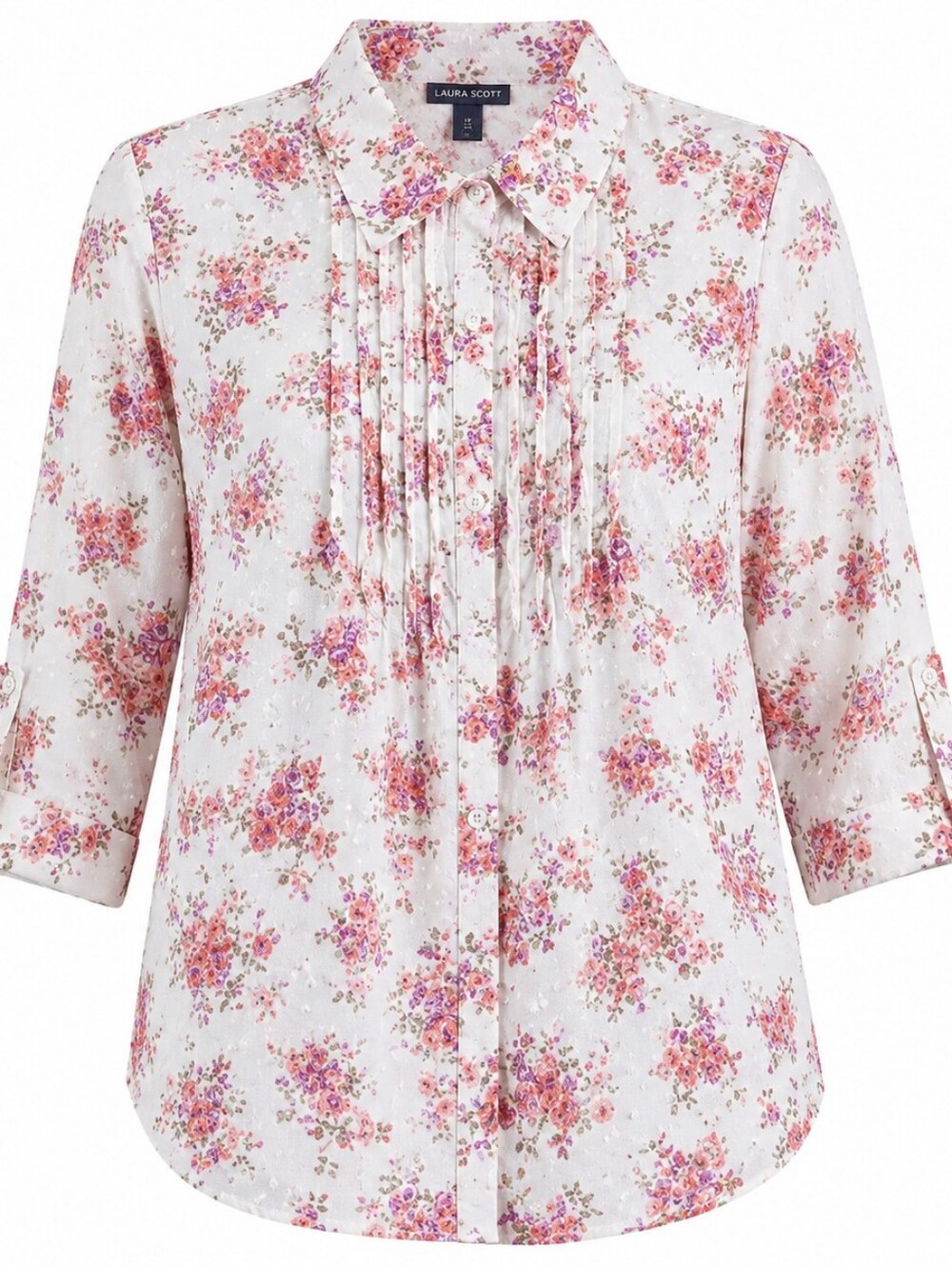 LAURA SCOTT | Floral Swiss Dot Pintuck 100% Cotton‎ Roll Tab Blouse Plus | 1X